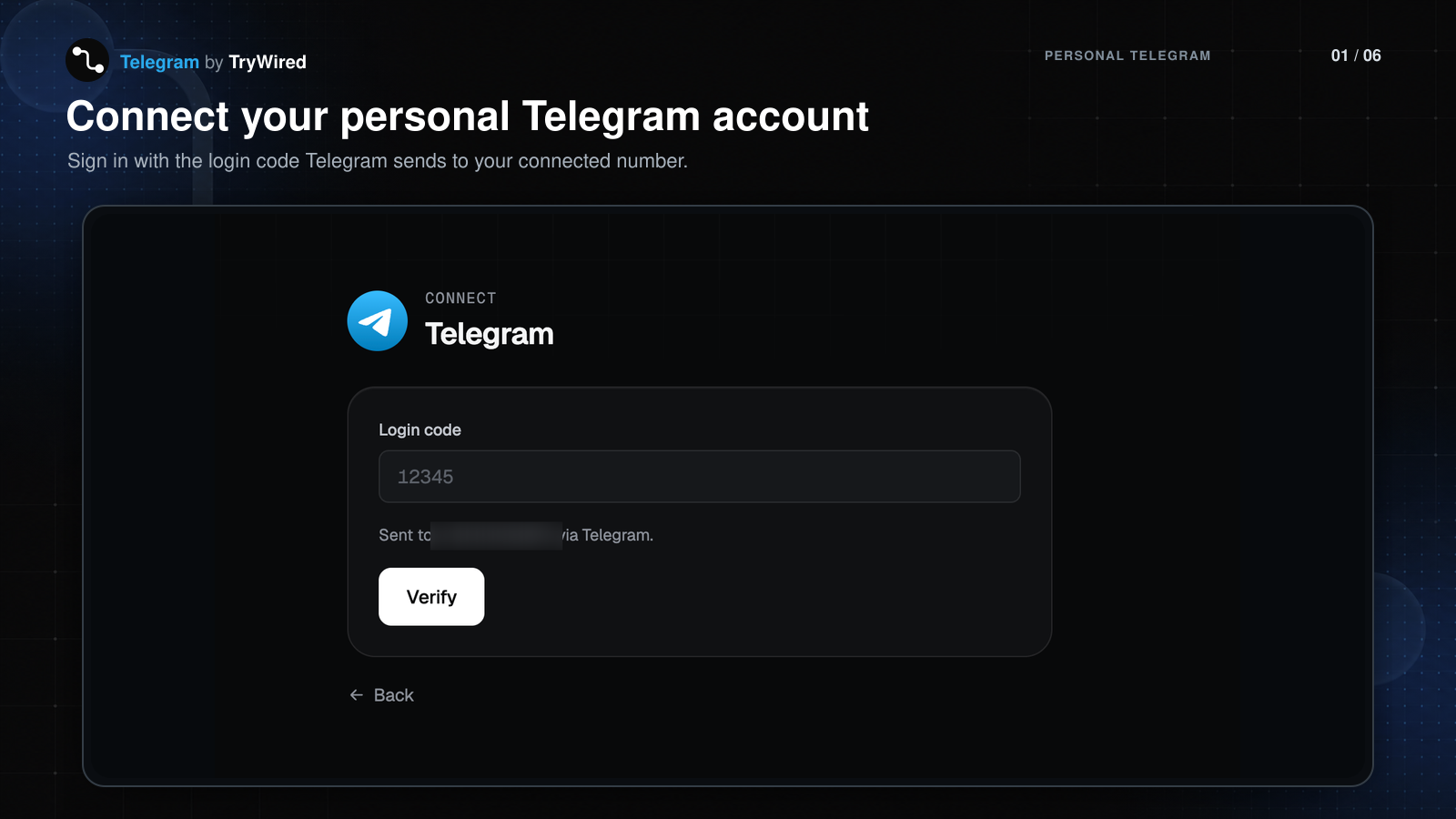 Connect a personal Telegram account using the login code sent by Telegram.