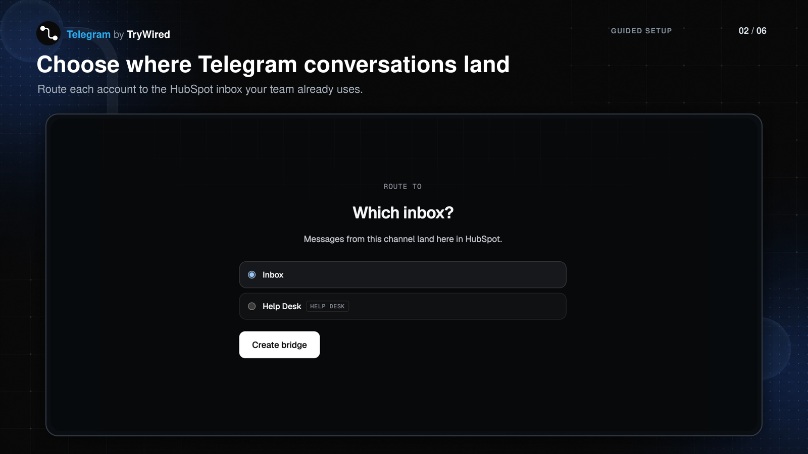 Choose a HubSpot inbox or Help Desk destination for Telegram conversations.