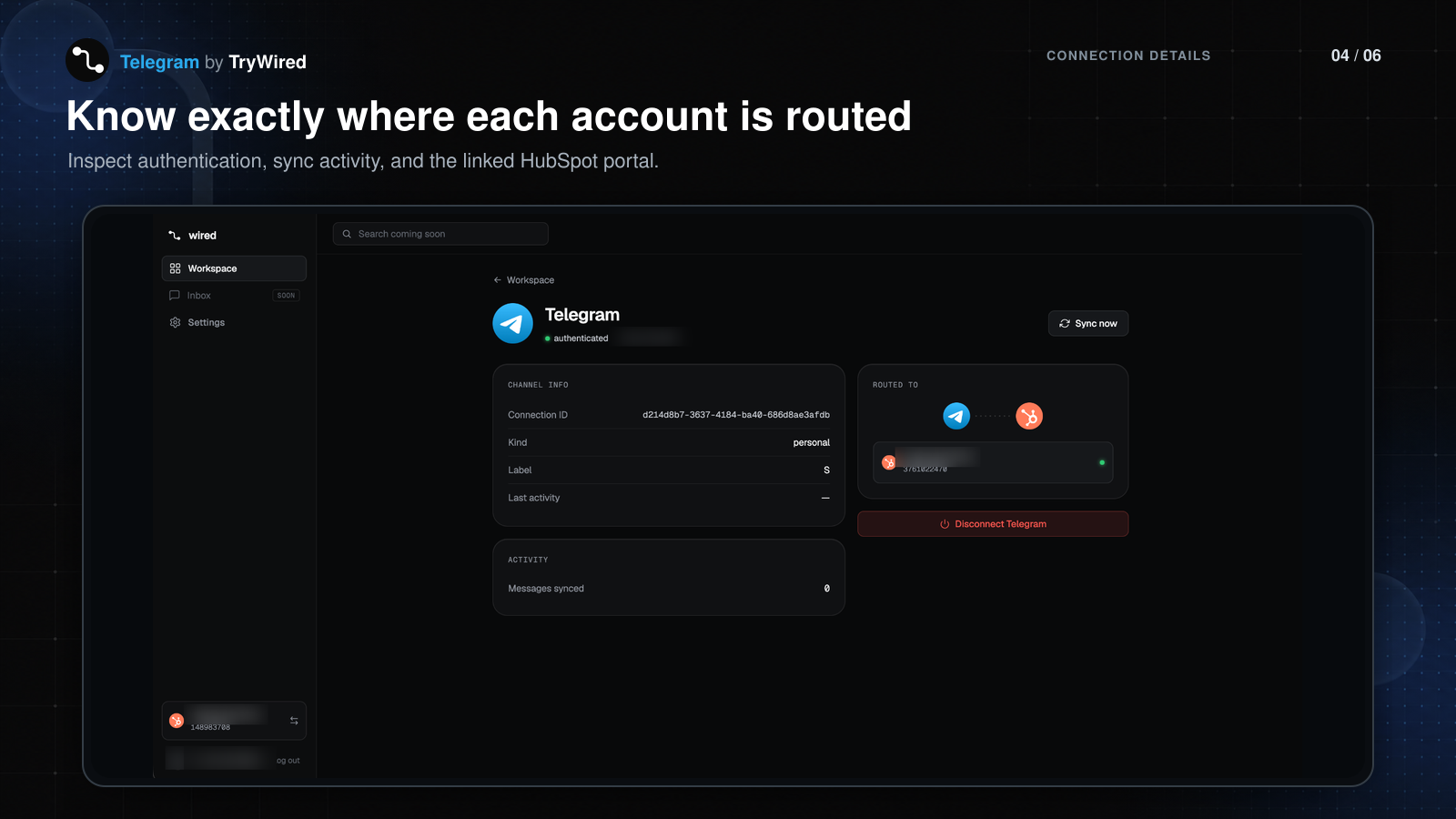 Review Telegram authentication status, HubSpot routing, connection details, and synchronized message activity.