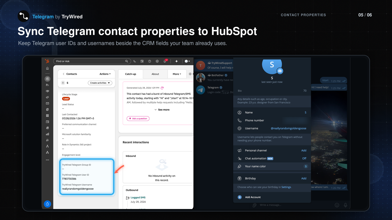 Telegram username and user ID synchronized with custom properties on a HubSpot contact record.